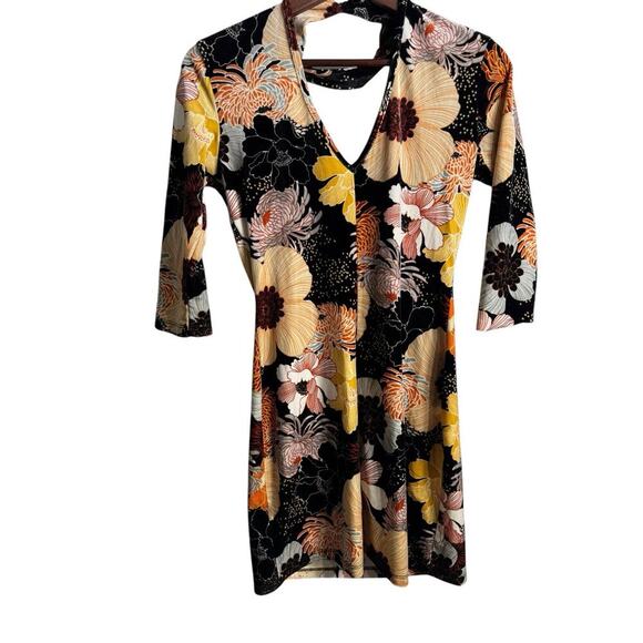 Womens Mini Dress Oriental Retro Print Velvet Bodycon Cut Out Dress Small V Neck - Picture 7 of 13